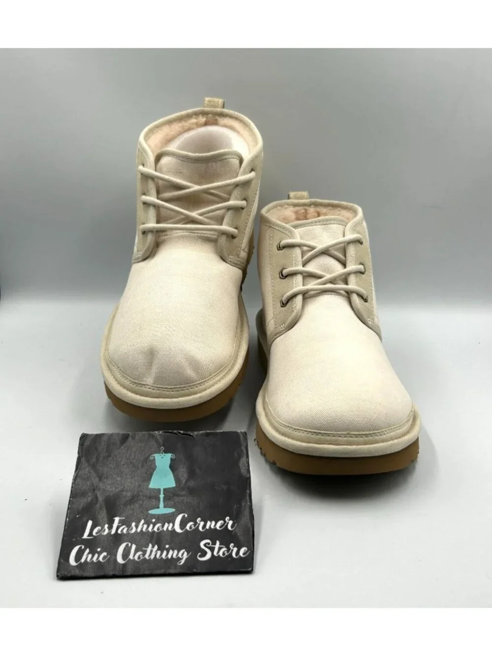 NWOB UGG Mens Beige Canvas Neumel II Wool Lined Lace-Up Chukka Boots Sz 12 3434